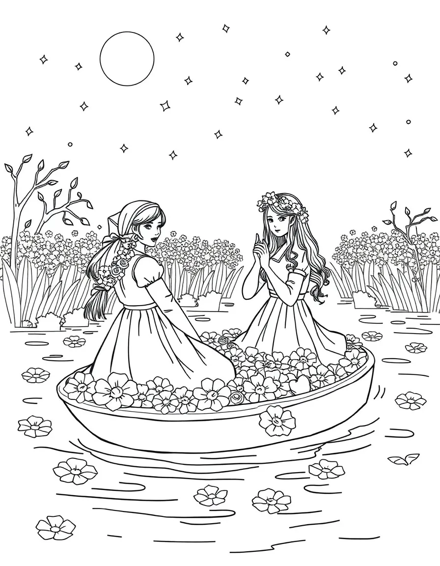 (Ukraine) Girls floating flower wreaths on a river for Ivana Kupala Night.
