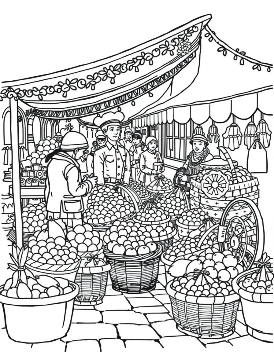 (Ukraine) A busy outdoor market with baskets of fruits and folk crafts.