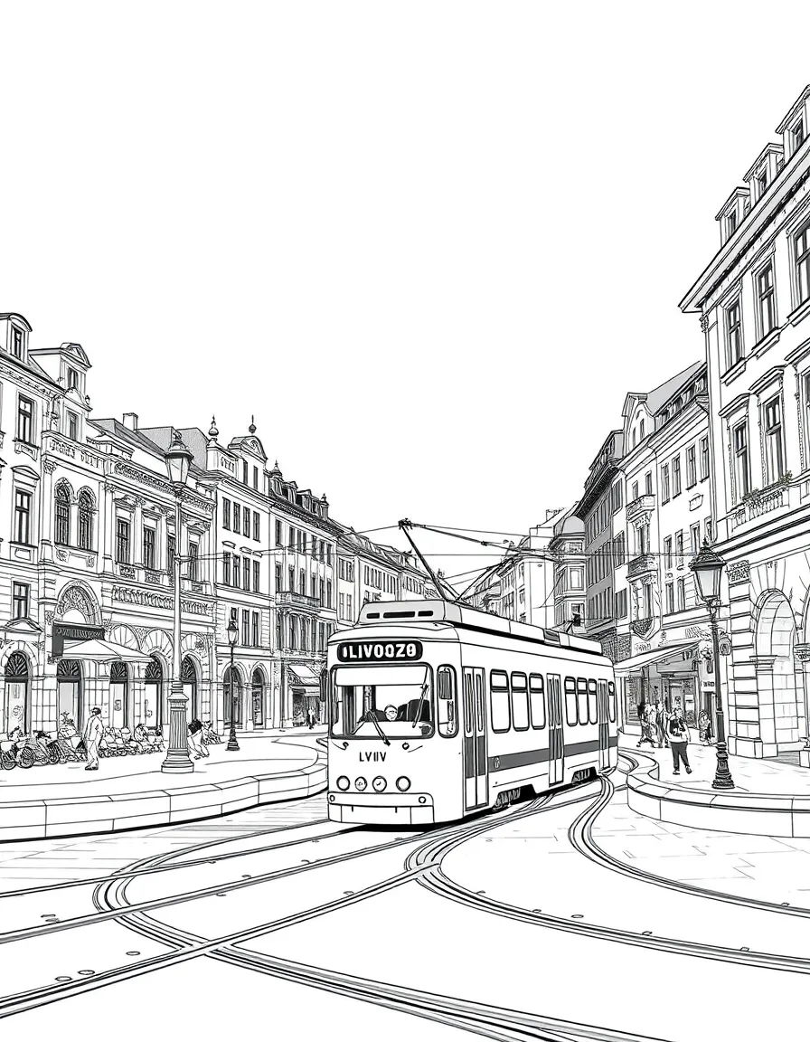 (Ukraine) An old Lviv city square with a tram and historic buildings.