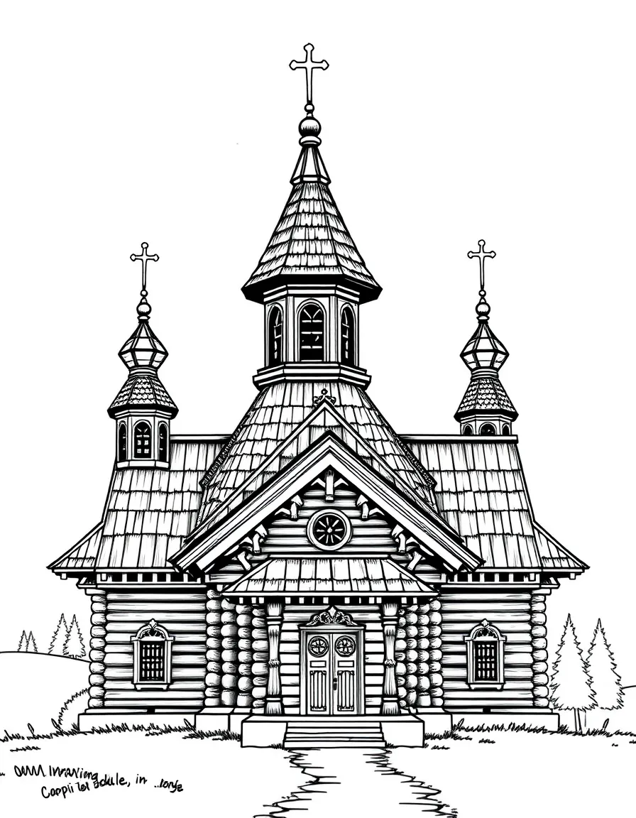(Ukraine) A wooden church with ornate domes in a Carpathian village.