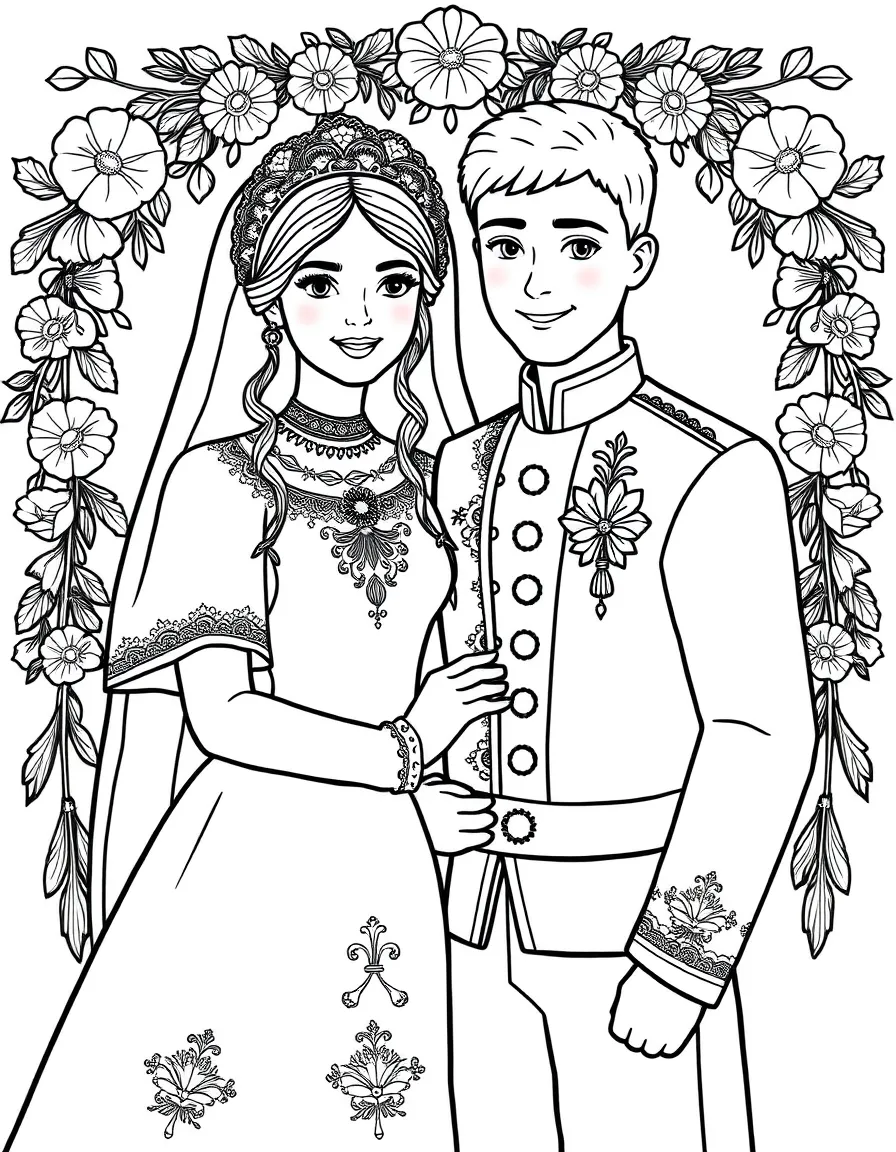 (Ukraine) A bride and groom in traditional wedding attire with wreaths and embroidery.