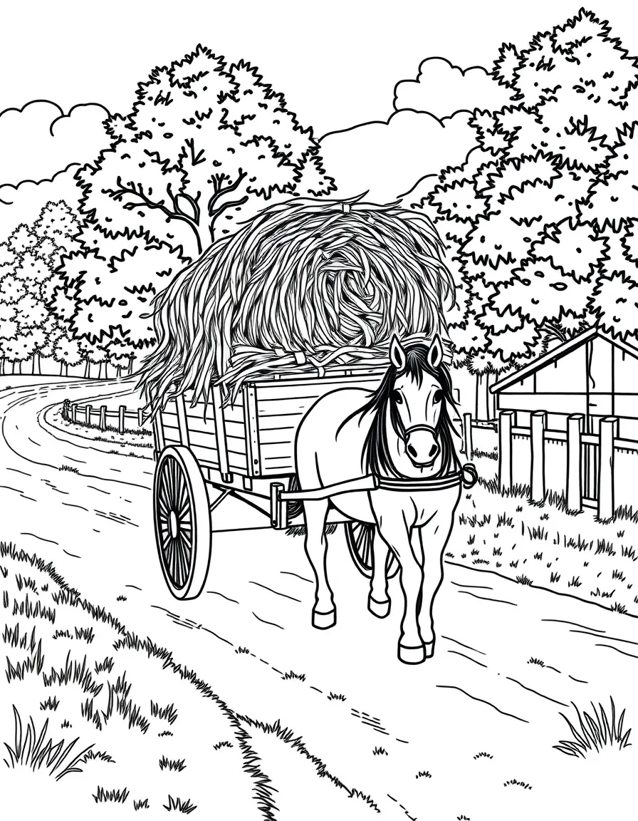 (Ukraine) A horse-drawn wagon full of hay on a country road.