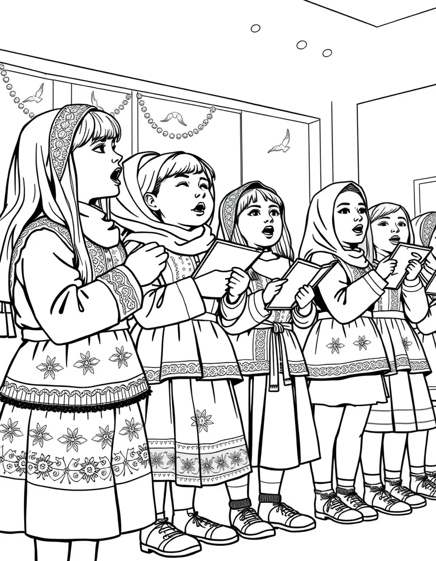 (Ukraine) Students in vyshyvankas singing a patriotic song at school.