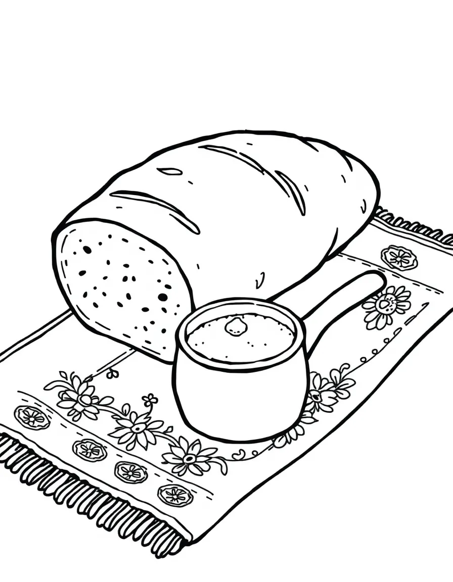 (Ukraine) A ceremonial loaf of bread and salt on an embroidered towel (hospitality).