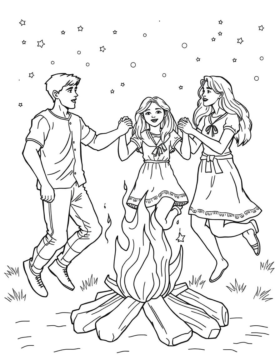 (Ukraine) Young people holding hands and jumping over a bonfire on Kupala Night.
