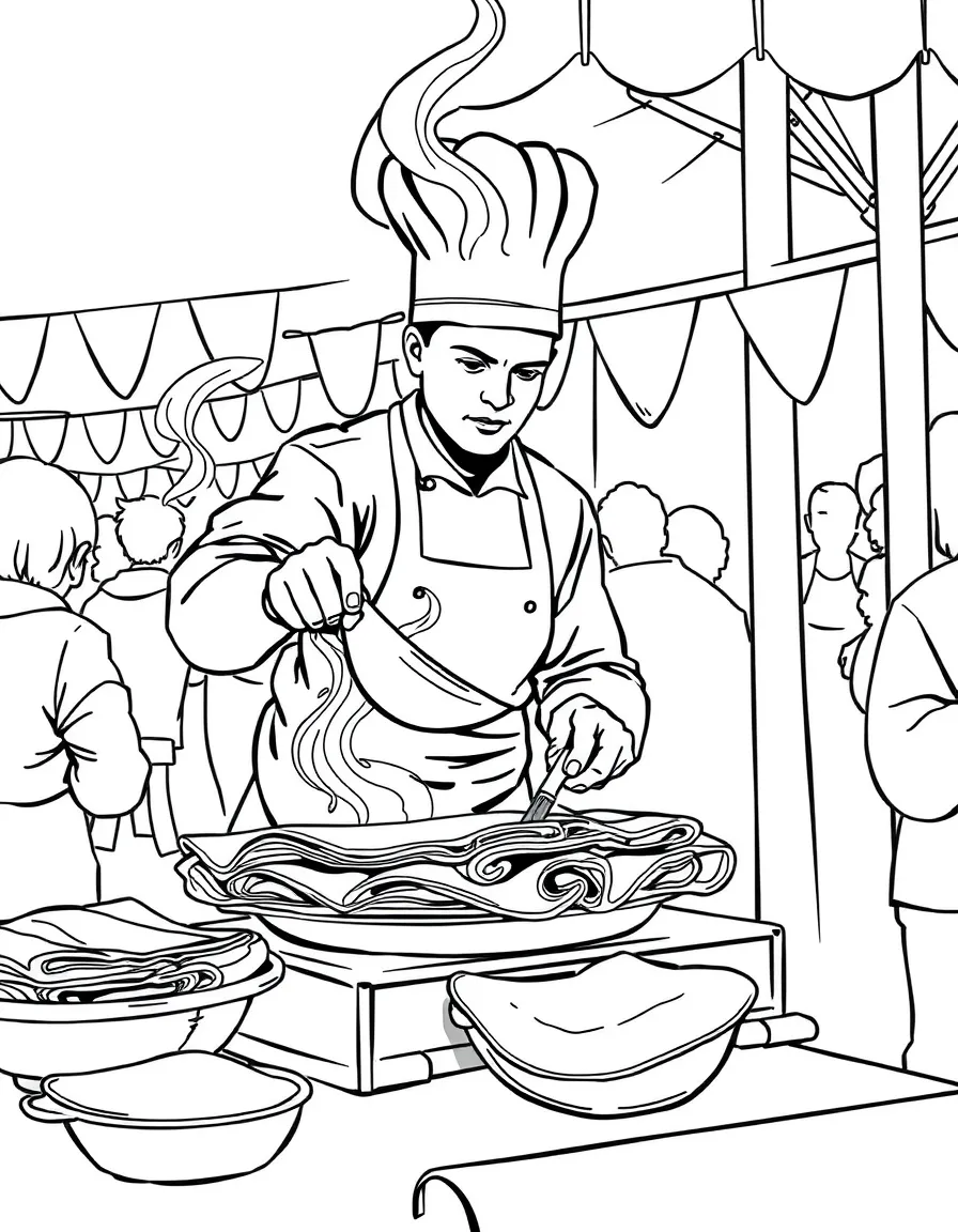 (Ukraine) A cook flipping thin crepes (nalysnyky) at a street festival.