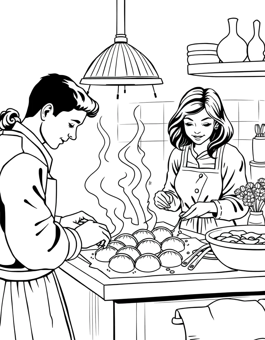 (Ukraine) A family making varenyky dumplings together in the kitchen.