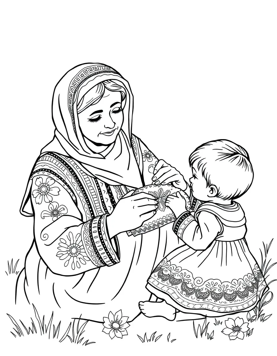 (Ukraine) A grandmother teaching a child to embroider a traditional pattern.