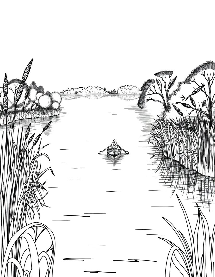 (Ukraine) A calm Dnipro River with reeds and a tiny rowboat floating.