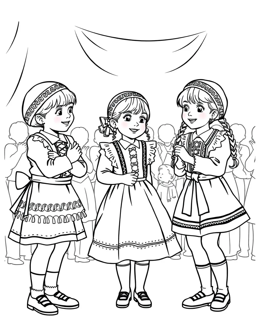 (Ukraine) Children in folk costumes performing a dance at a school concert.