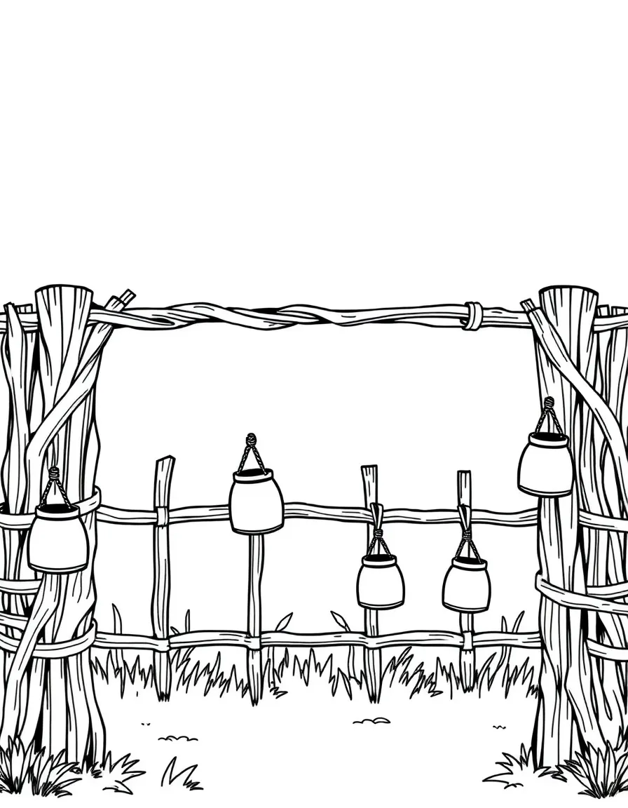 (Ukraine) A fence made of woven branches with clay pots hanging on the posts.