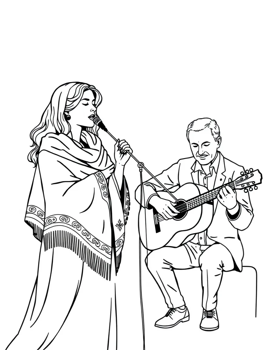 (Portugal) A lady in a shawl singing fado while a man plays Portuguese guitar.