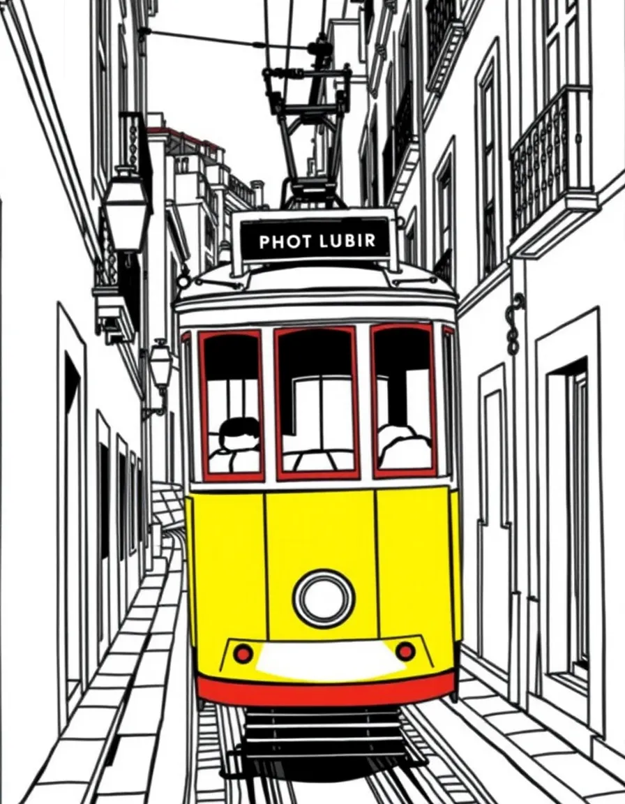 (Portugal) A historic yellow tram climbing a steep street in old Lisbon.