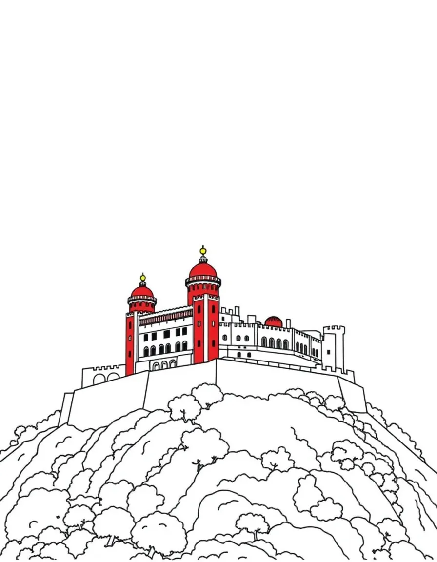 (Portugal) The vibrant Pena Palace with red and yellow towers on a hill.