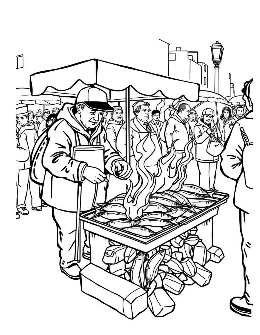 (Portugal) A street vendor grilling sardines over coals at a festival.