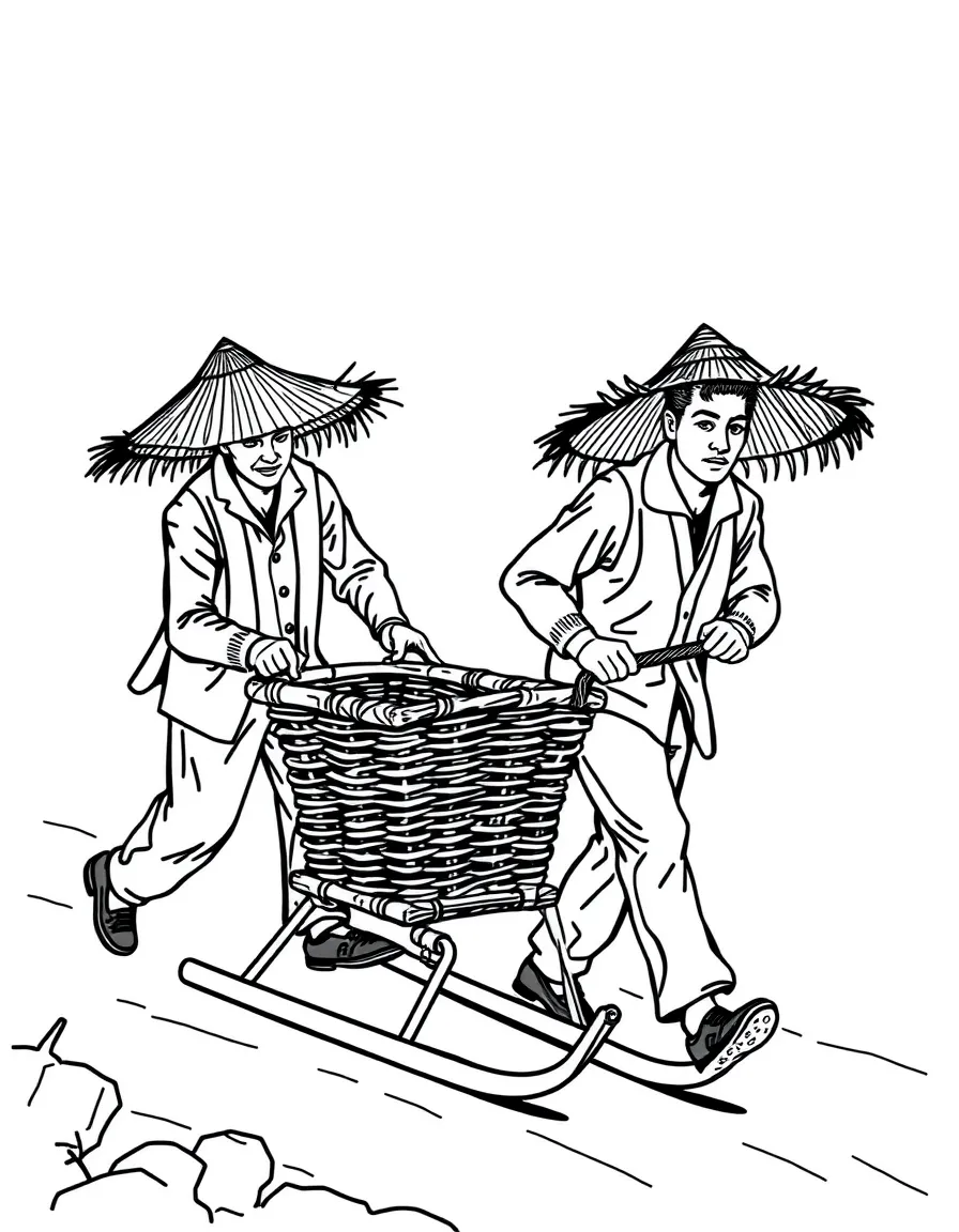 (Portugal) Two men in straw hats pushing a wicker toboggan sled in Madeira.
