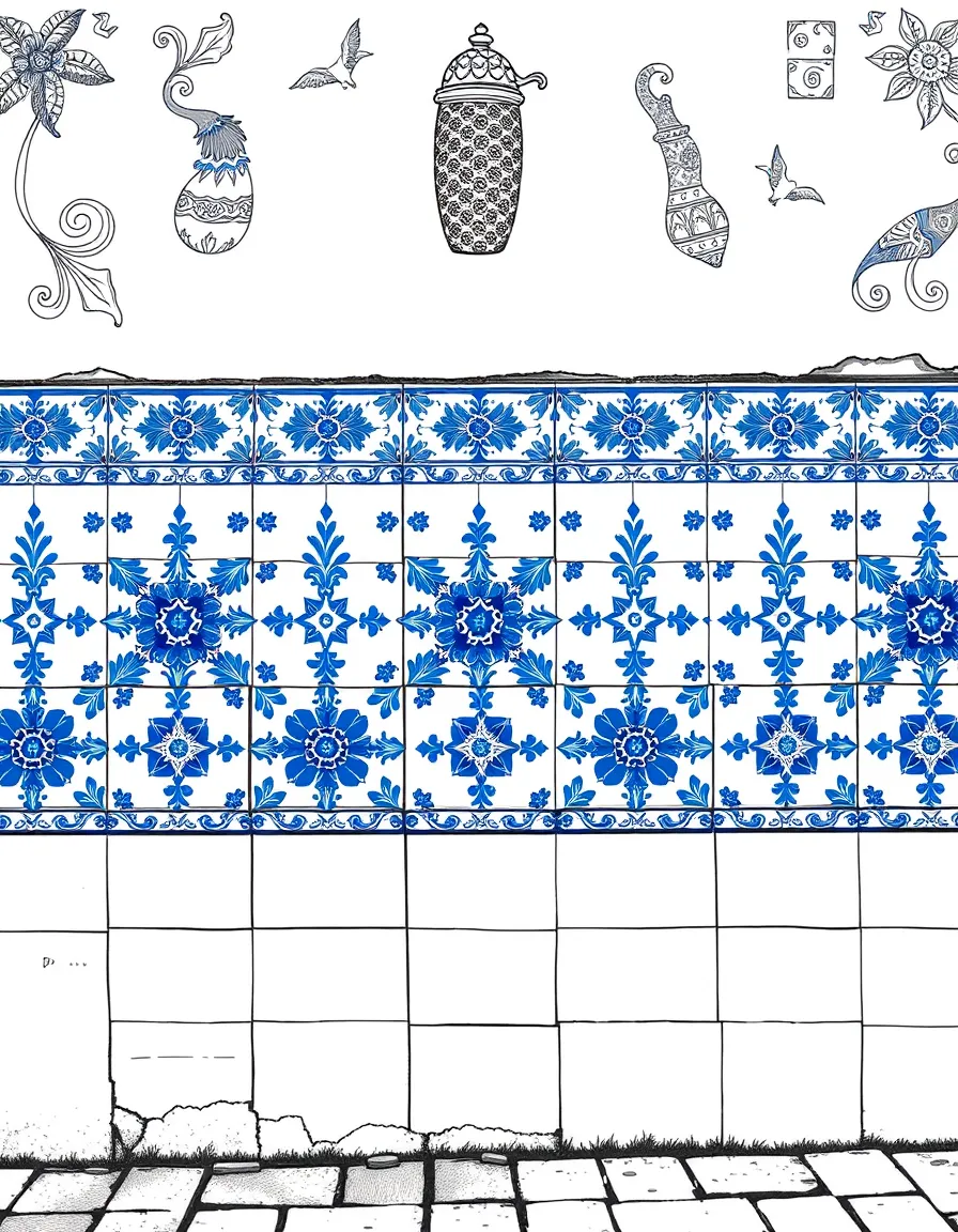 (Portugal) A wall decorated with blue and white azulejo tile designs.