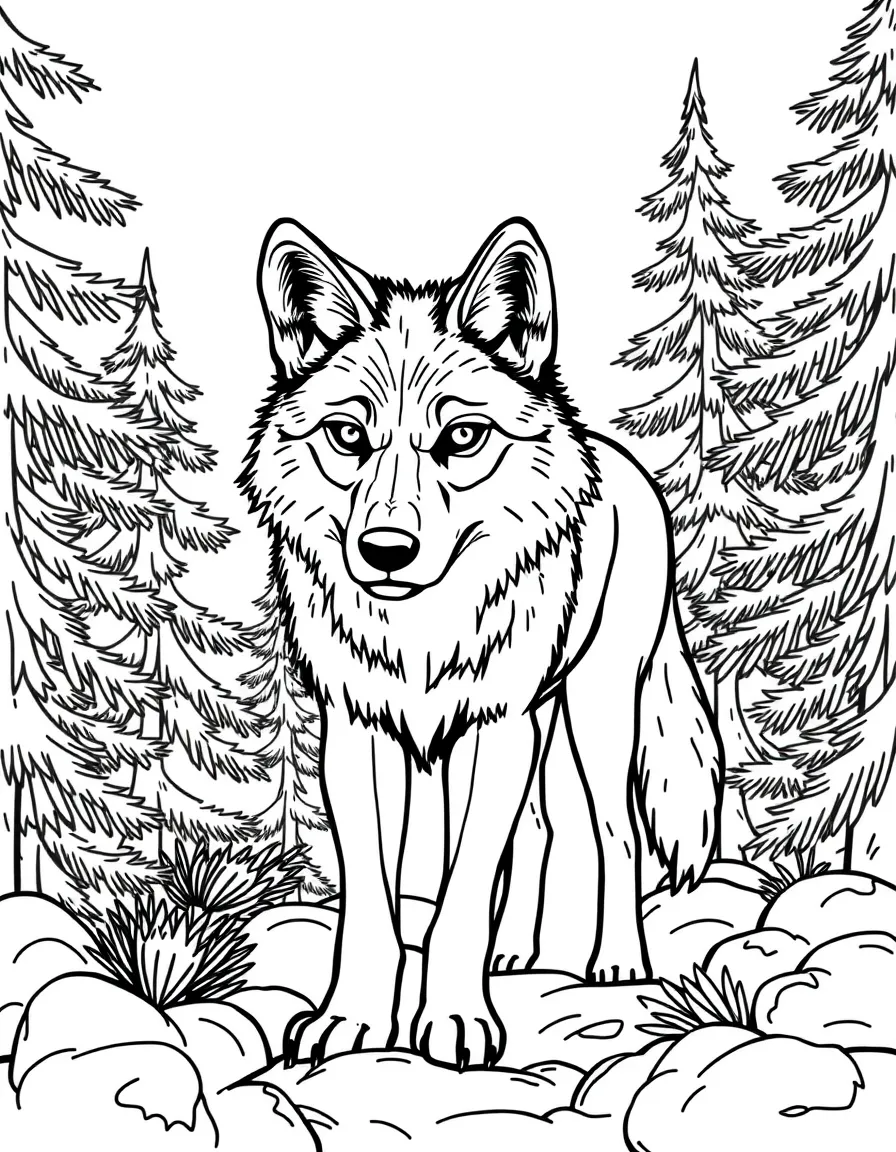 (Portugal) An Iberian wolf (national animal) standing among pine trees.