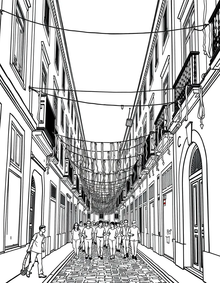 (Portugal) Lisbon streets decorated with streamers for Saint Anthony’s Day.