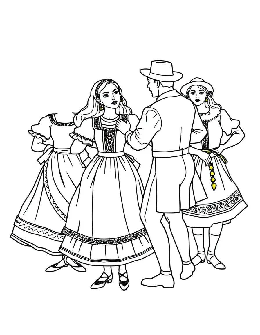 (Portugal) A group of folk dancers in traditional Portuguese costumes.