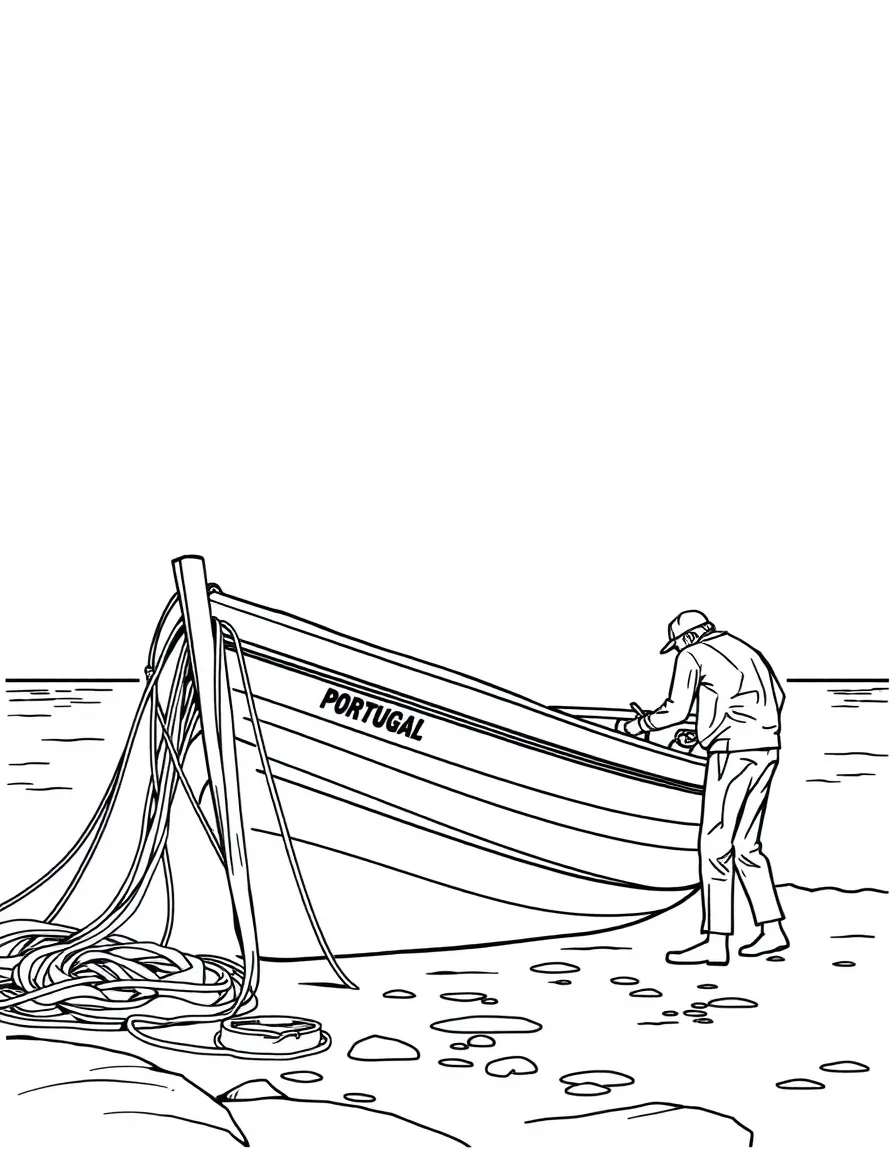 (Portugal) A fisherman mending a net beside a colorful boat on the shore.
