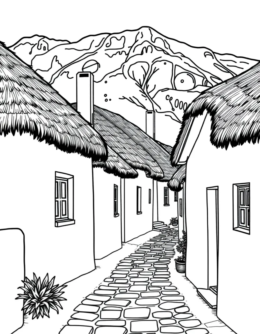 (Portugal) Little white cottages with thatched roofs in Santana, Madeira.