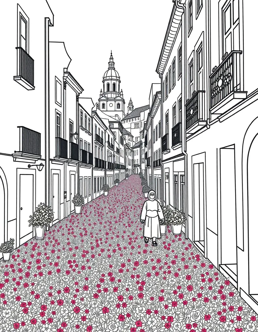 (Portugal) Streets covered in flower carpets for a religious festival.