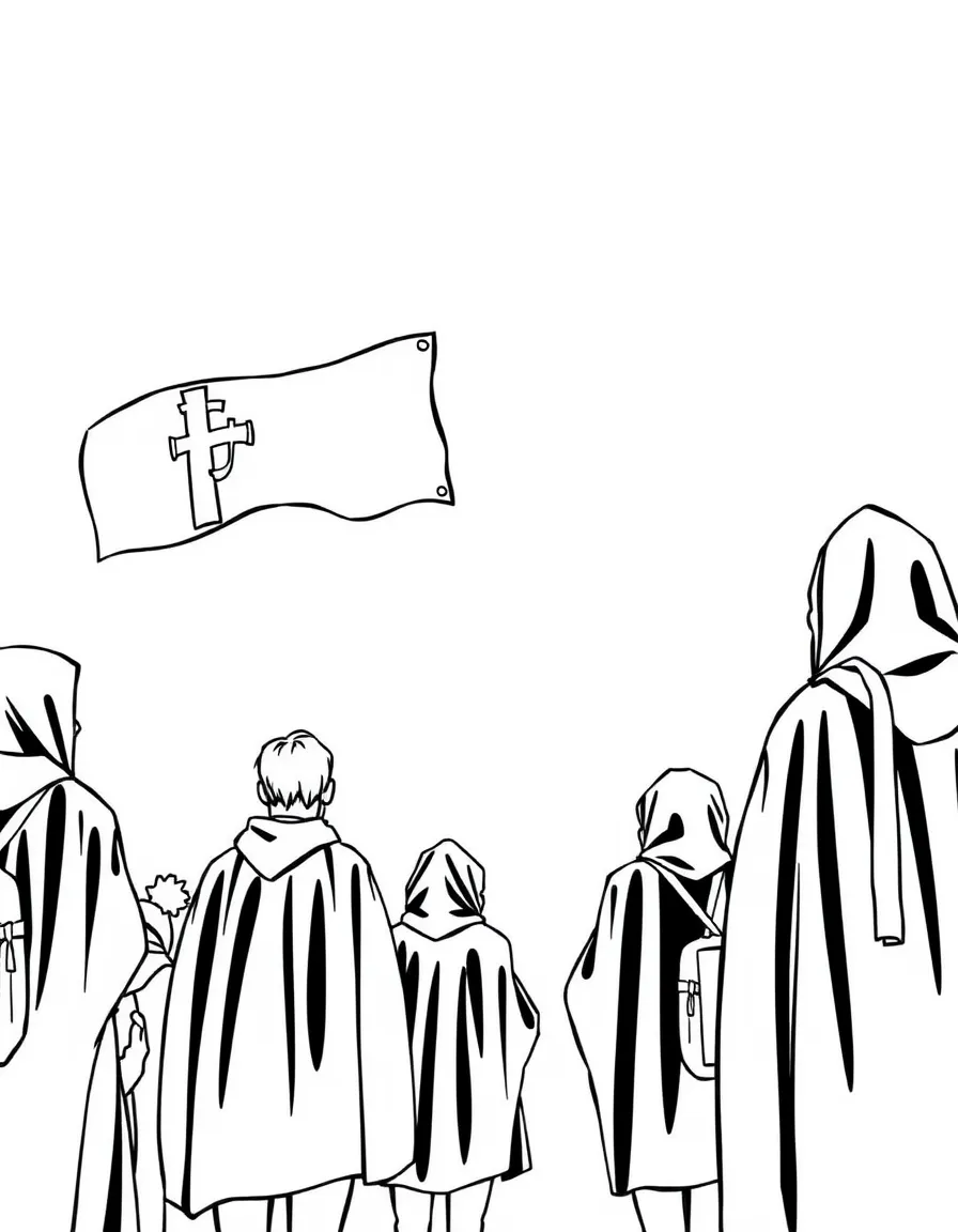 (Portugal) Students in Coimbra wearing black capes and holding bright ribbons.