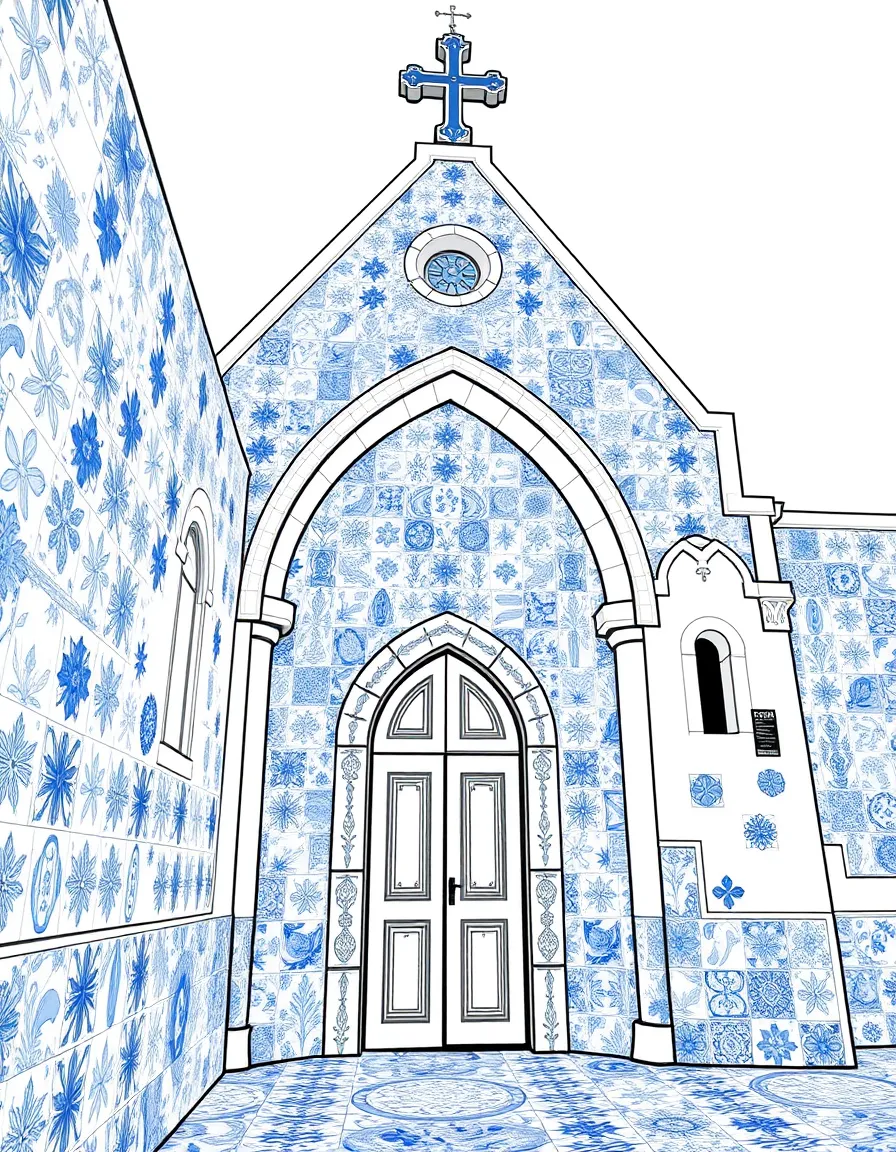 (Portugal) A chapel whose walls are covered in blue azulejo tiles.
