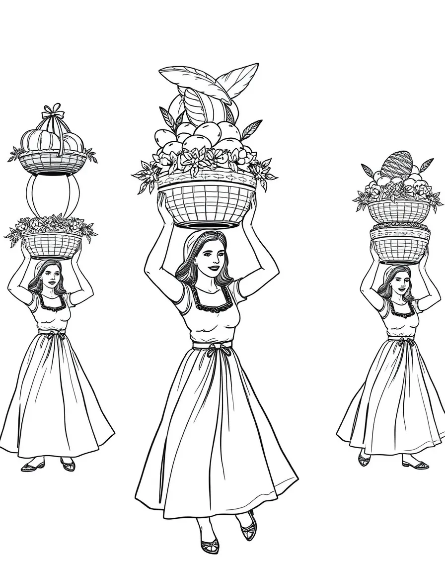 (Portugal) Ladies carrying towering baskets of bread and flowers on their heads in a parade.