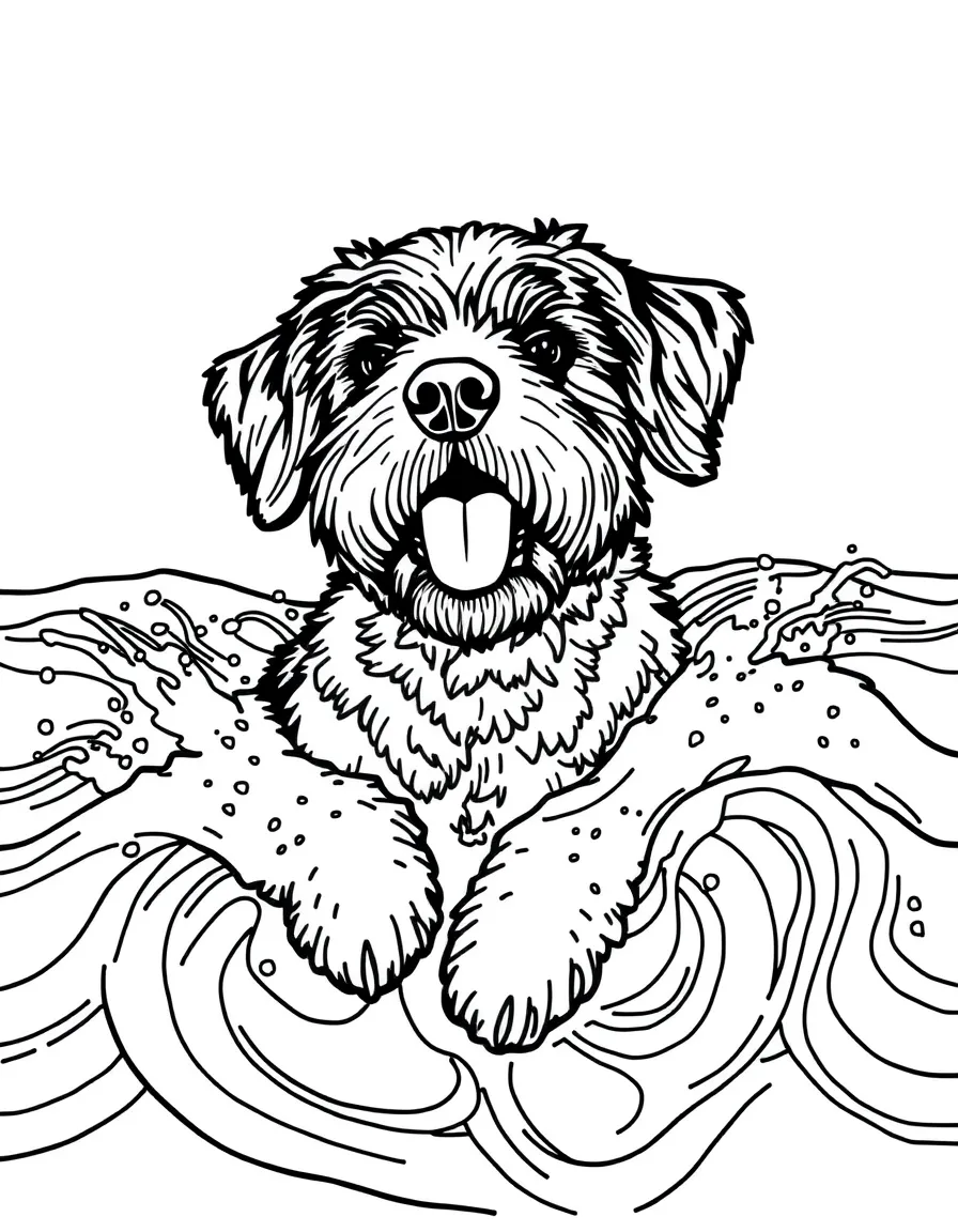 (Portugal) A playful Portuguese Water Dog swimming in the sea waves.