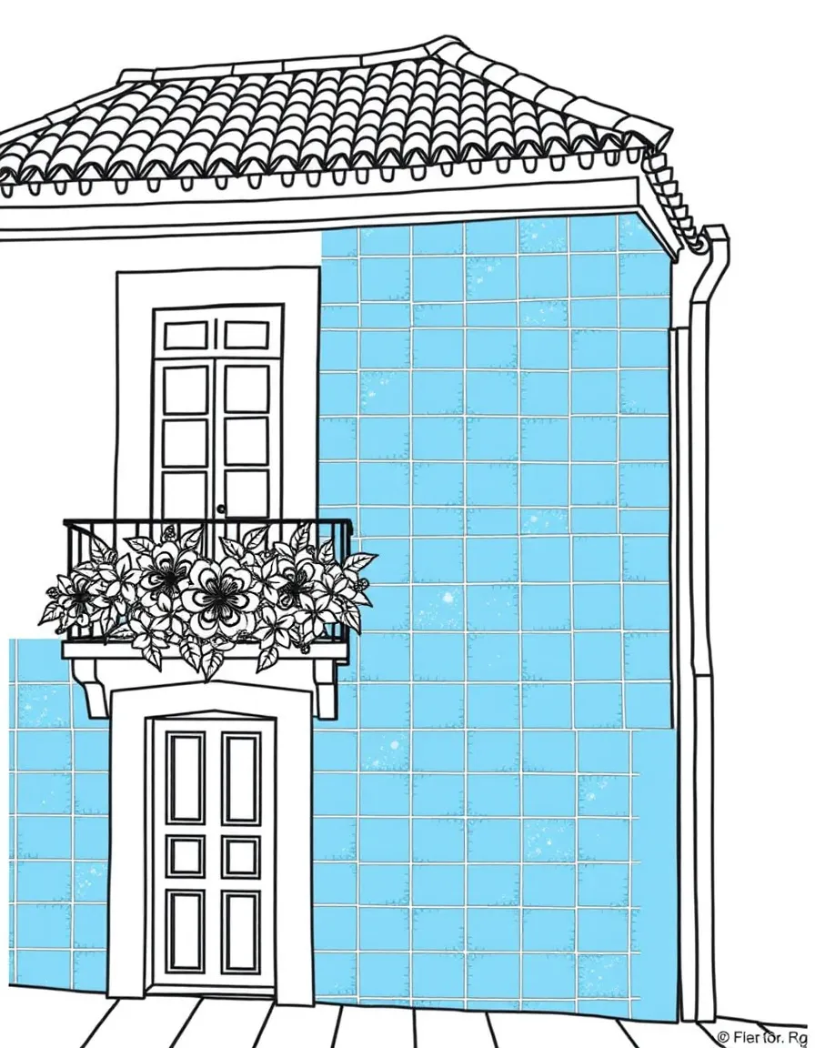 (Portugal) A house facade covered in blue tiles with flowers on the balcony.
