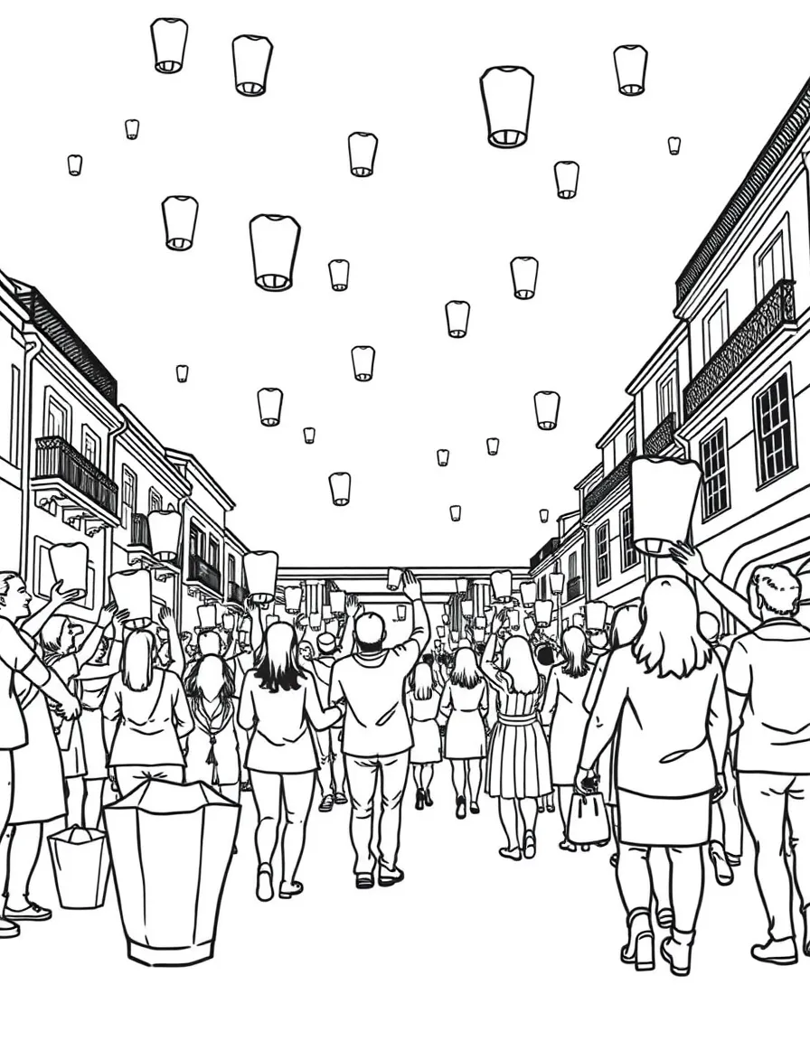 (Portugal) People releasing glowing paper lanterns at Porto’s São João festival.