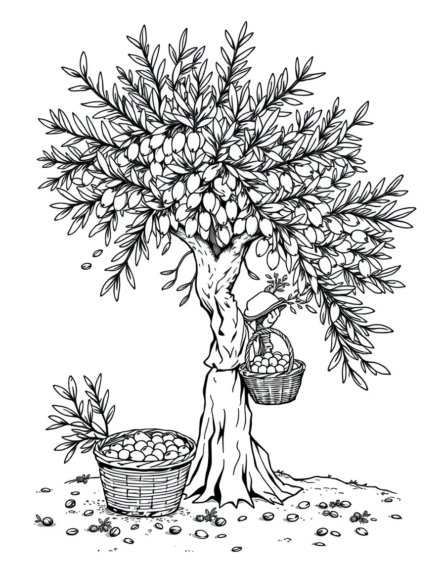 (Portugal) An ancient olive tree with a farmer picking olives into a basket.