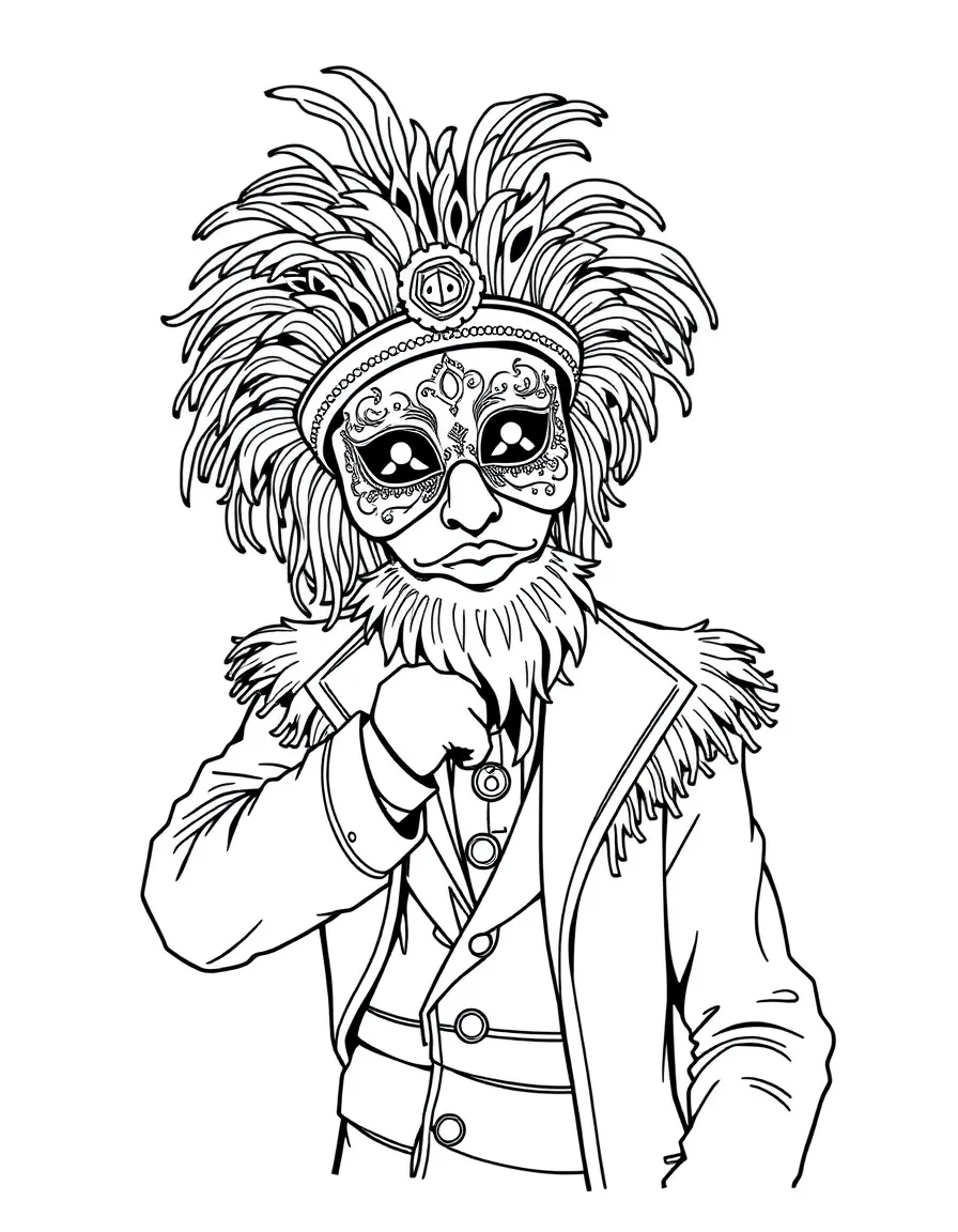 (Portugal) A Carnival trickster (Careto) in a fringed colorful mask and suit.