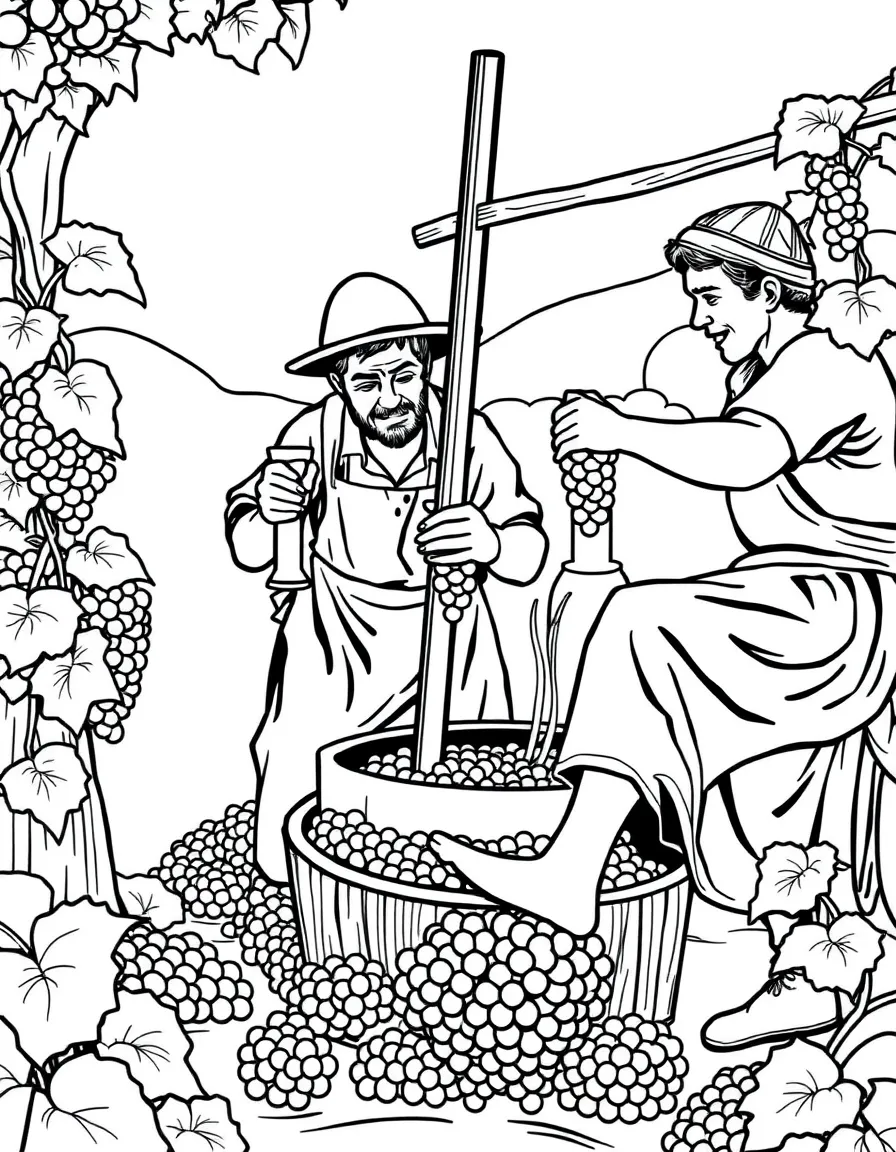 (Portugal) Villagers stomping grapes with their feet to press wine.