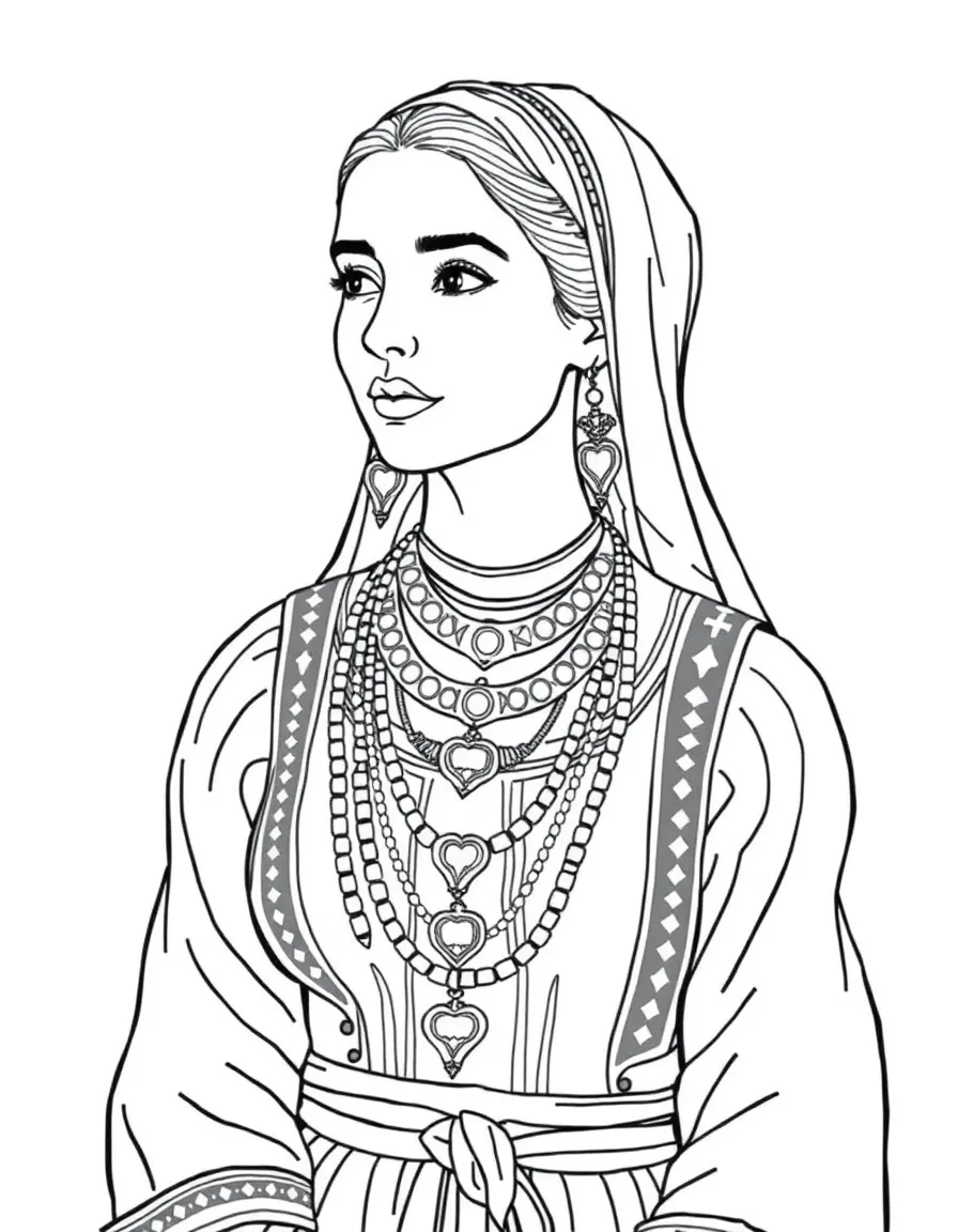 (Portugal) A woman in a Minho costume wearing many gold necklaces.
