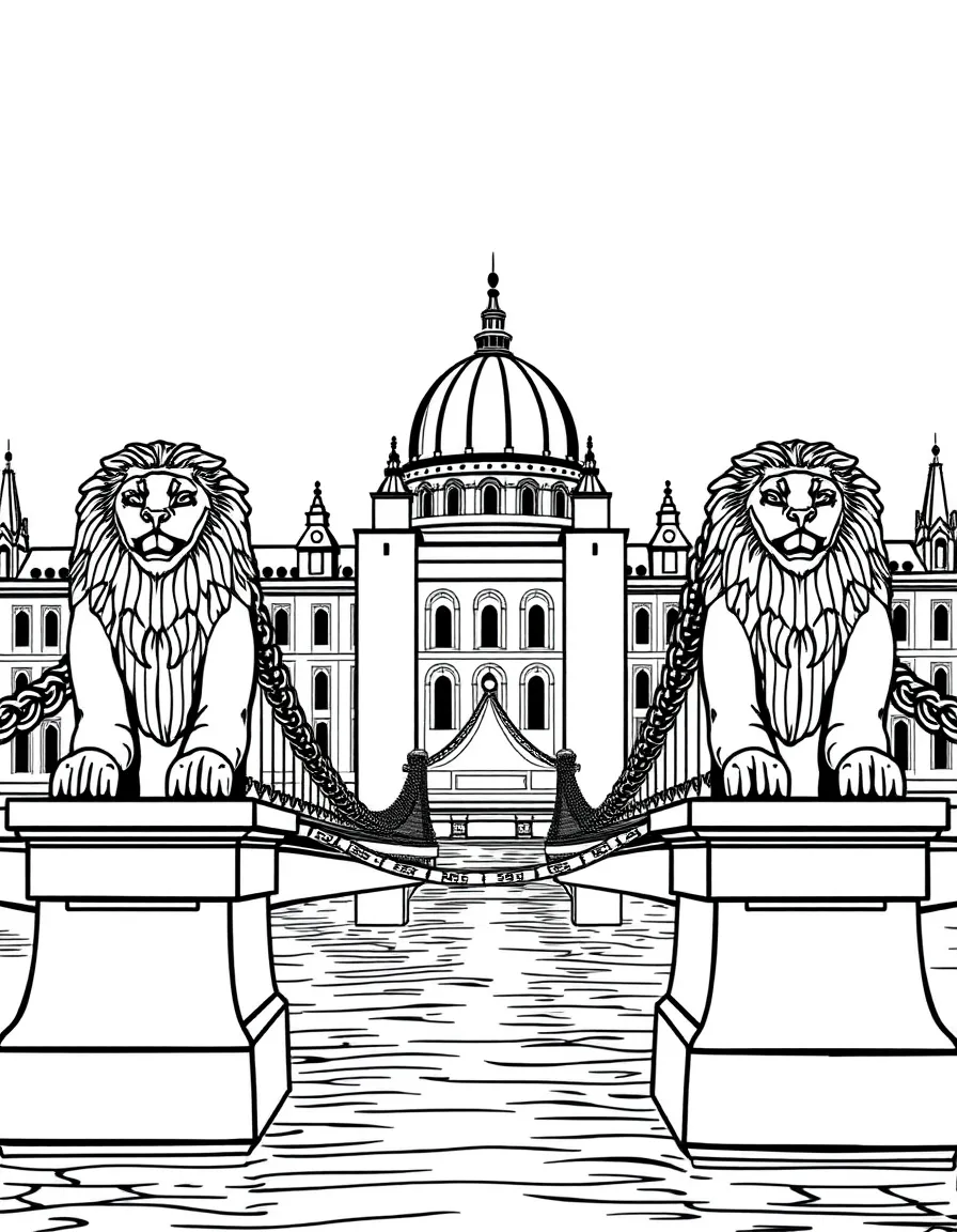 (Hungary) The Chain Bridge in Budapest with its stone lions guarding the ends