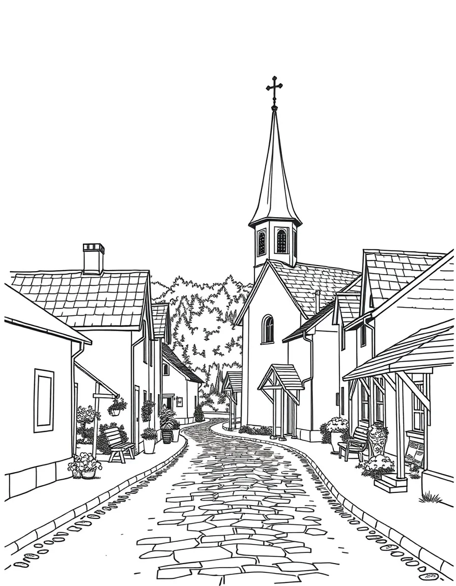 (Hungary) A street in the traditional village of Hollókő with white cottages and wooden church