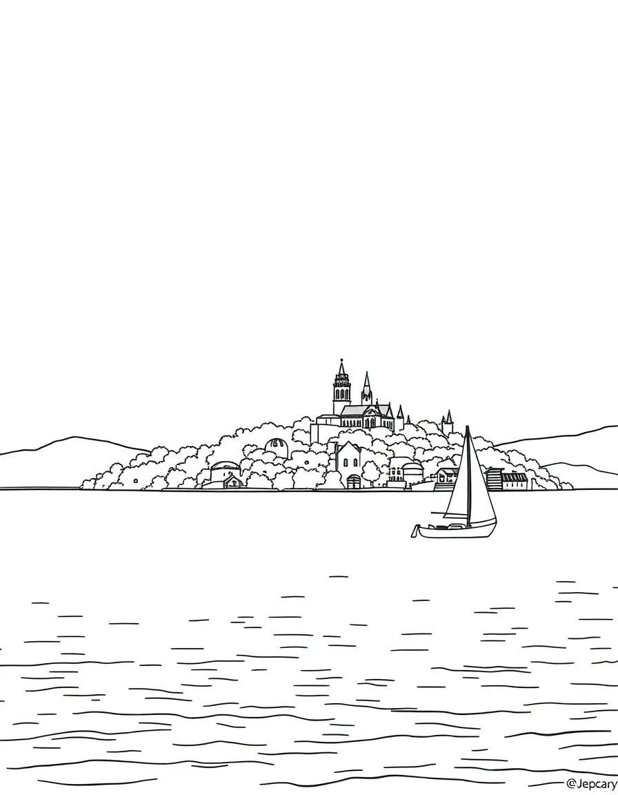 (Hungary) Lake Balaton’s shoreline with a sailboat and the Tihany Abbey on a distant hill
