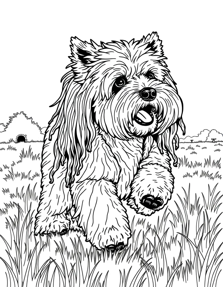 (Hungary) A puli dog with its long corded fur (dreadlock-like coat) playing in a field