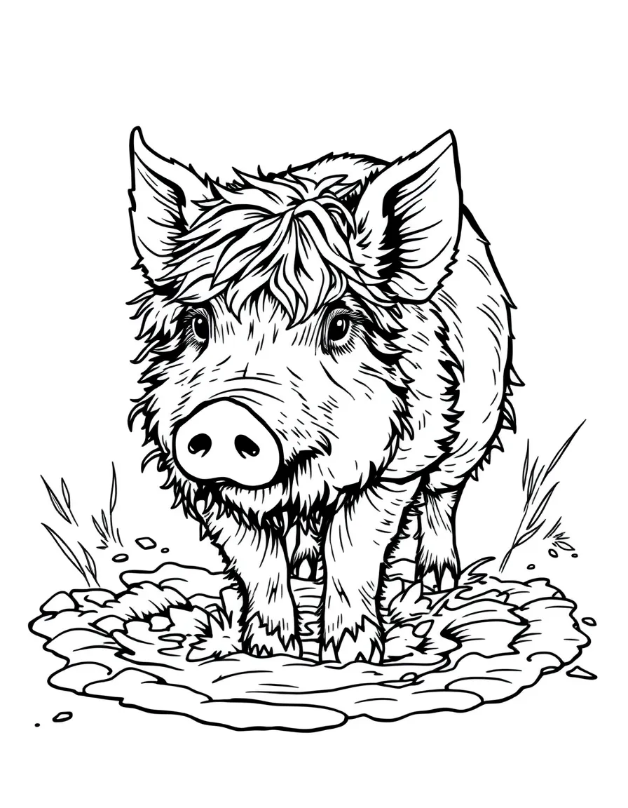 (Hungary) A curly-haired Mangalica pig wallowing in mud on a farm