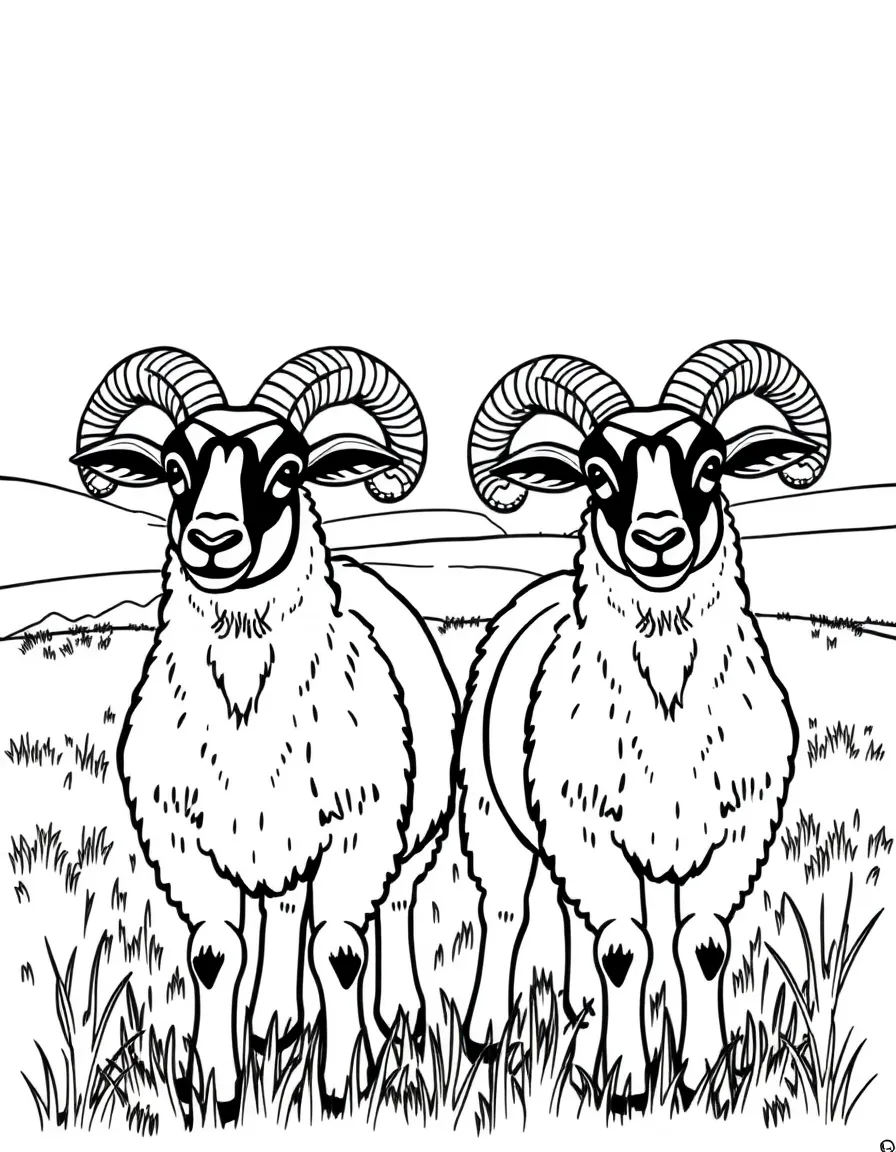(Hungary) Two Racka sheep with spiral-shaped horns standing in a meadow