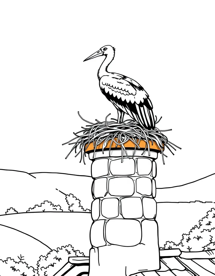 (Hungary) A stork nesting atop a village chimney in the Hungarian countryside