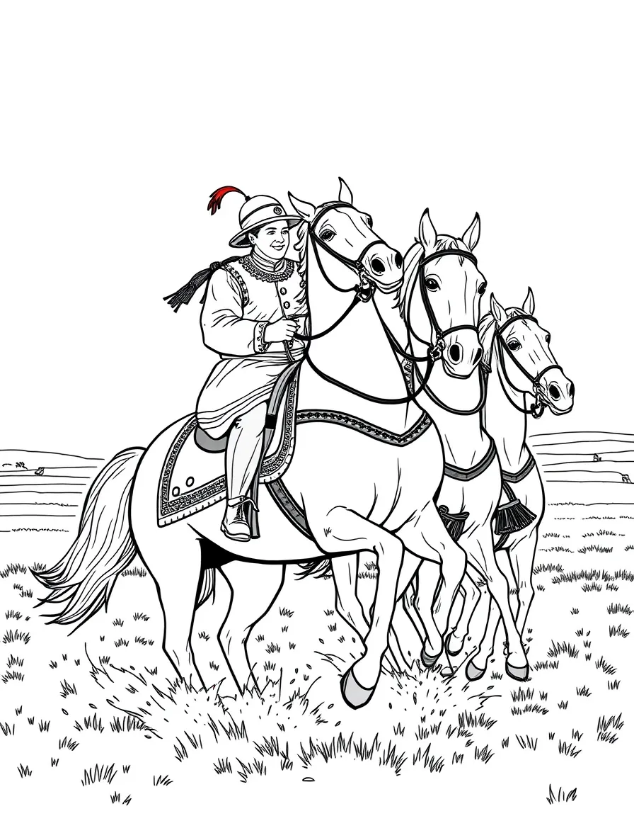 (Hungary) Horse riders (csikós) in traditional outfits performing a stunt with horses on the Great Hungarian Plain