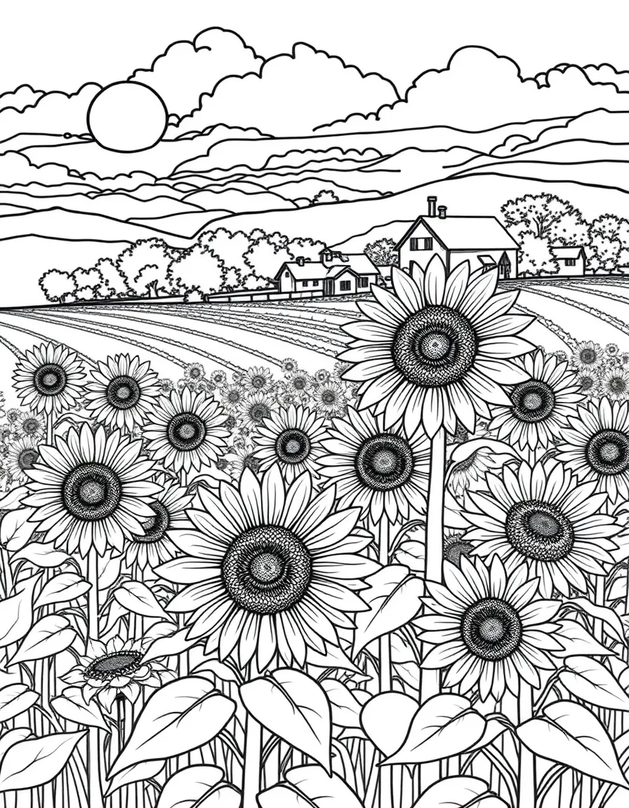 (Hungary) Sunflower fields in rural Hungary with a farmhouse in the background