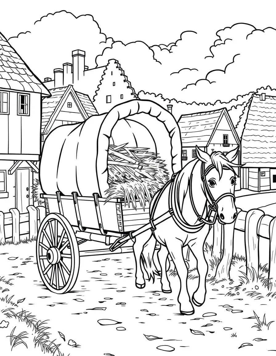 (Hungary) An old-fashioned horse-drawn wagon carrying hay through a village
