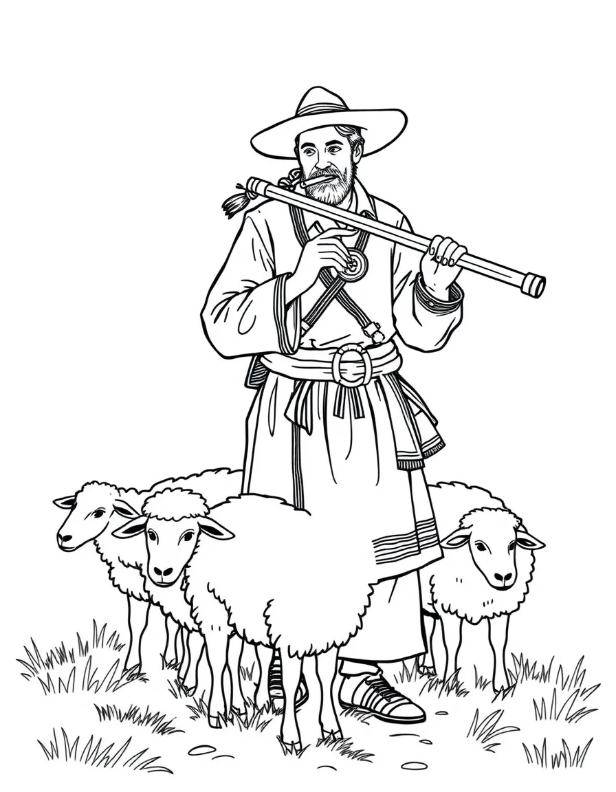 (Hungary) A shepherd in traditional clothing playing a long flute while tending sheep