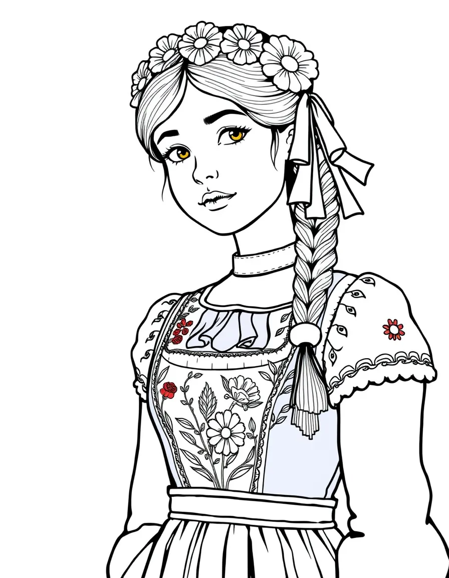 (Hungary) A girl wearing a colorful Hungarian folk dress with flower embroidery and ribbons