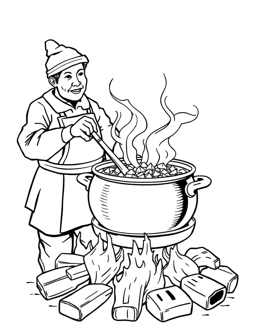 (Hungary) A cook stirring a cauldron (bogrács) of Hungarian goulash stew over an open fire
